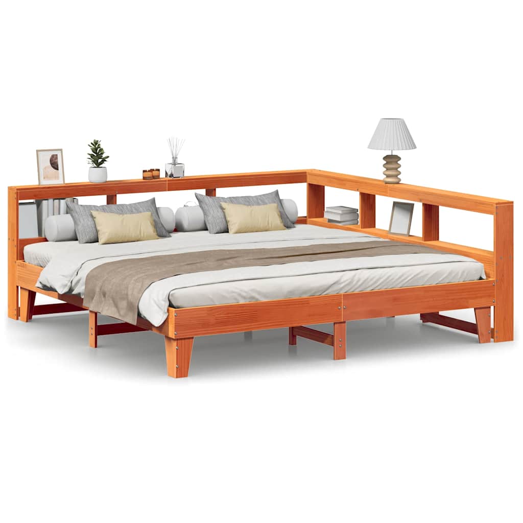 Lit bibliothèque sans matelas cire marron 200x200 cm pin massif - XIOS
