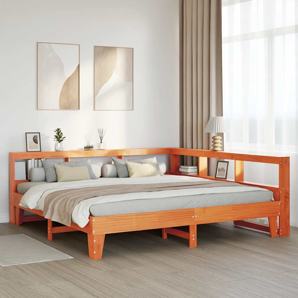 Lit bibliothèque sans matelas cire marron 200x200 cm pin massif - XIOS