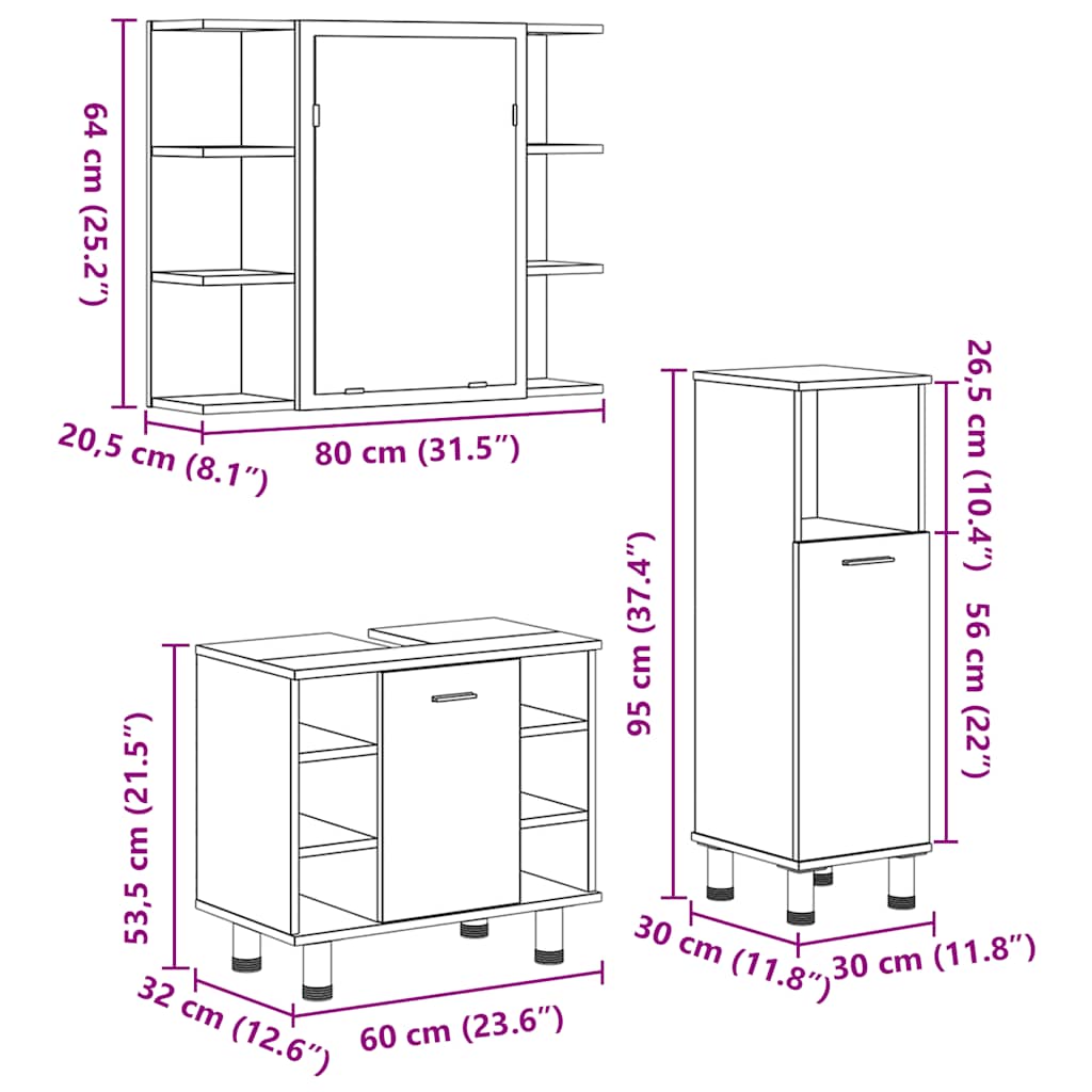 Ensemble de meubles de salle de bain 3 pcs gris béton