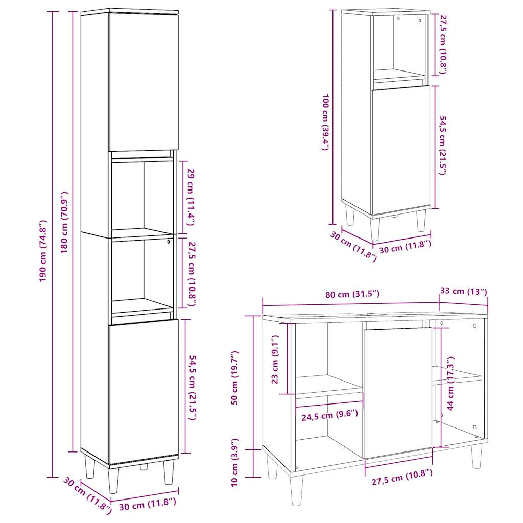 Ensemble de meubles de salle de bain 3 pcs gris béton