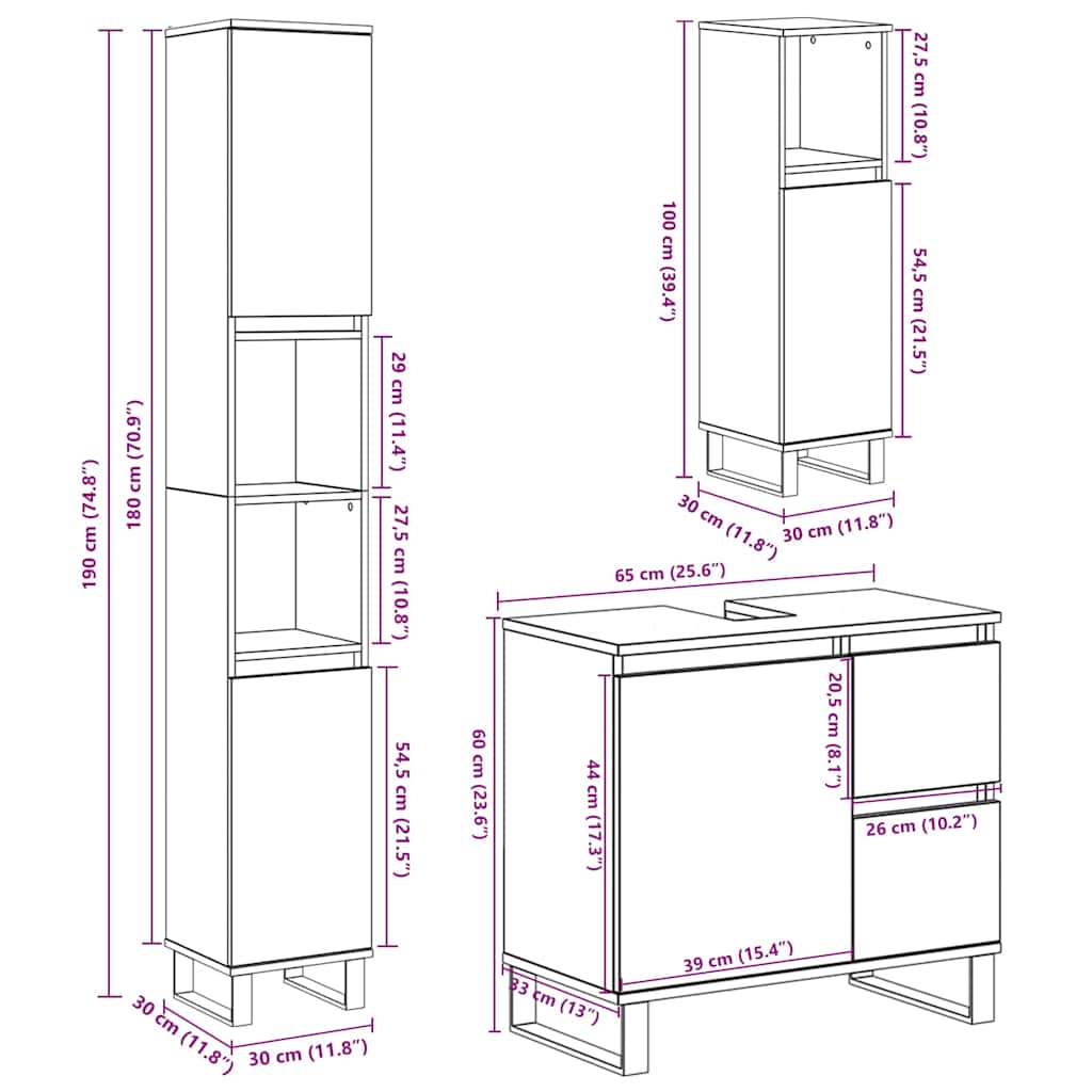 Ensemble de meubles de salle de bain 3 pcs gris béton