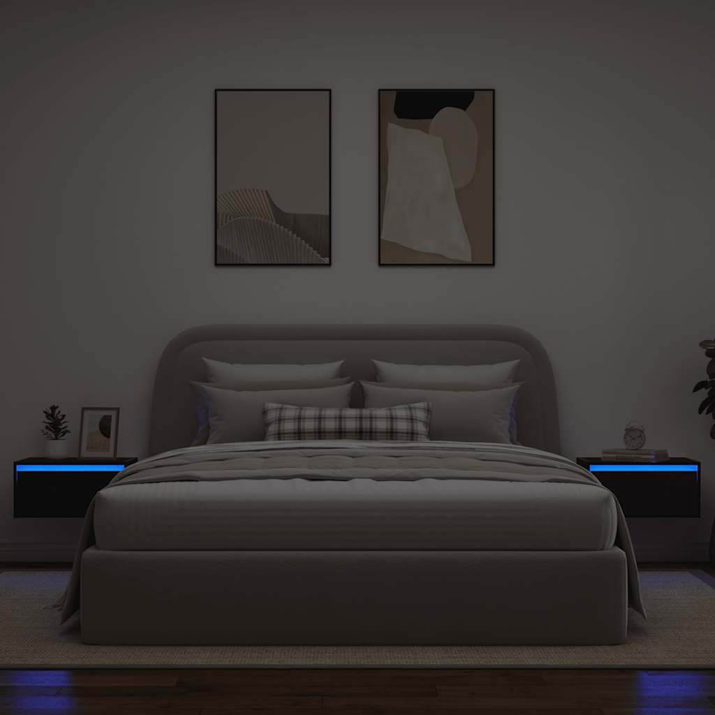 Tables de chevet murales avec lumières LED 2 pcs chêne noir - XIOS
