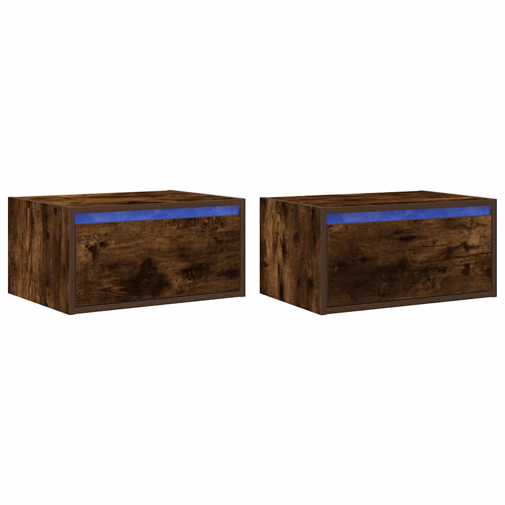 Tables de chevet murales avec lumières LED 2 pcs chêne fumé - XIOS