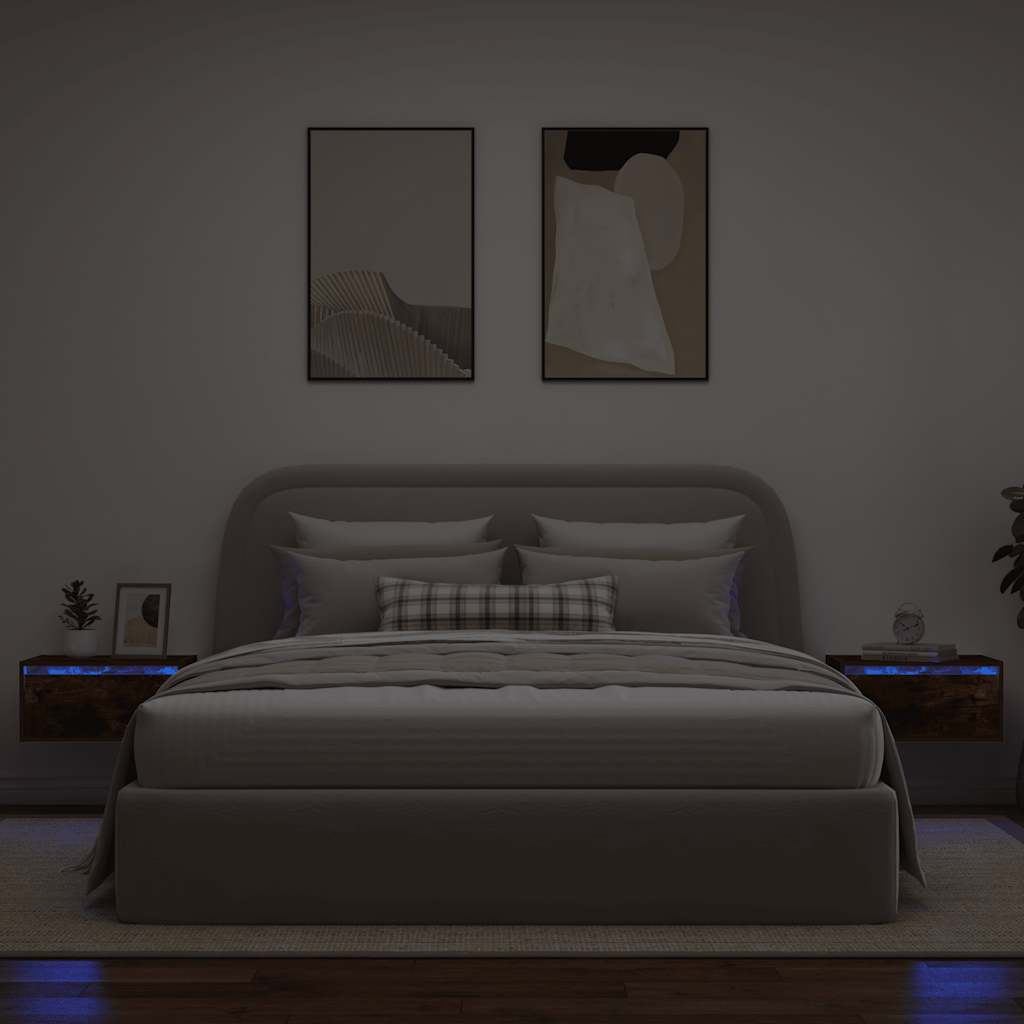 Tables de chevet murales avec lumières LED 2 pcs chêne fumé - XIOS