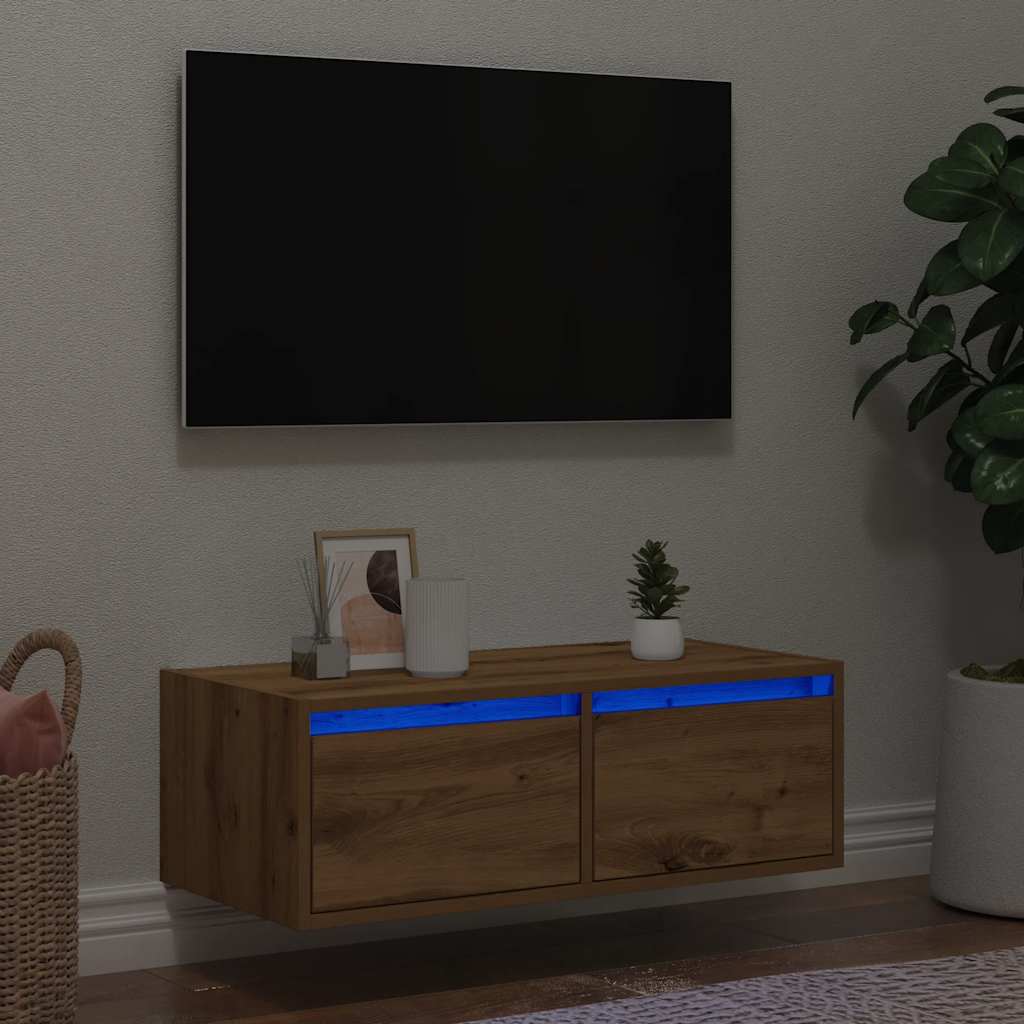 Meuble TV avec lumières LED chêne artisanal 75x35,5x25 cm - XIOS