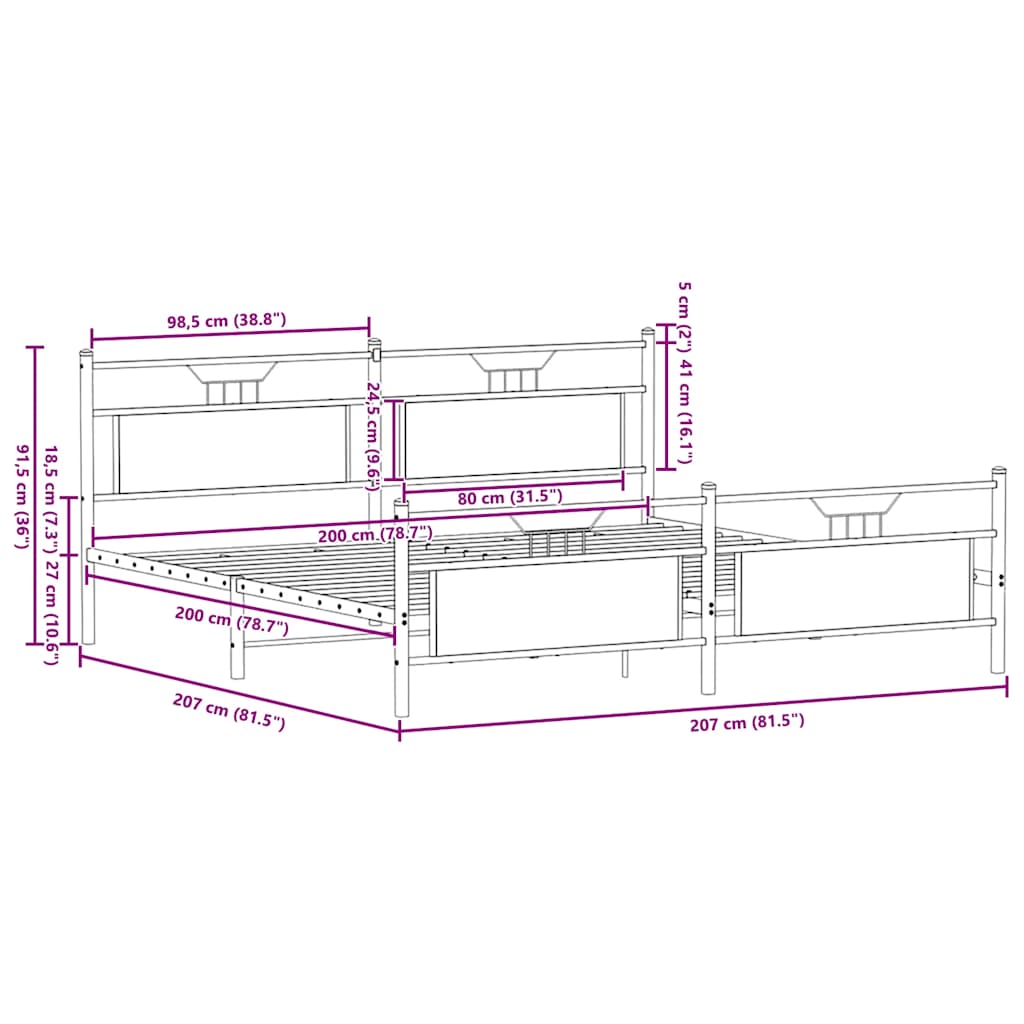 Cadre de lit en métal sans matelas chêne fumé 200x200 cm - XIOS