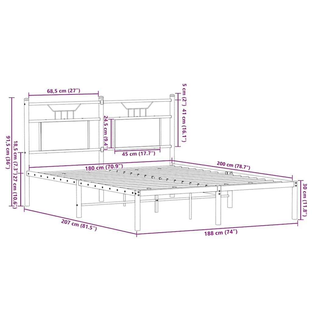 Cadre de lit en métal sans matelas chêne sonoma 180x200 cm - XIOS