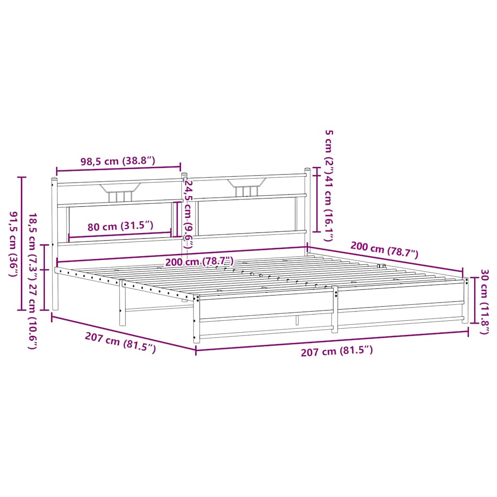 Cadre de lit en métal sans matelas chêne fumé 200x200 cm - XIOS