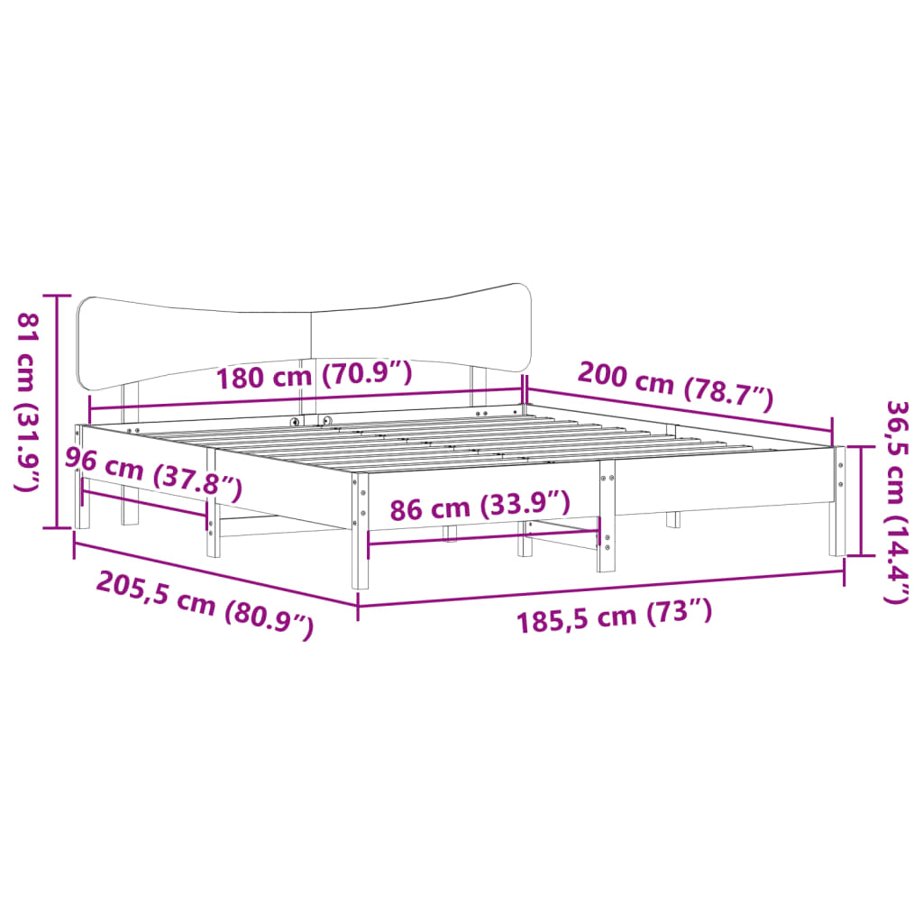 Cadre de lit sans matelas cire marron 180x200cm bois pin massif - XIOS