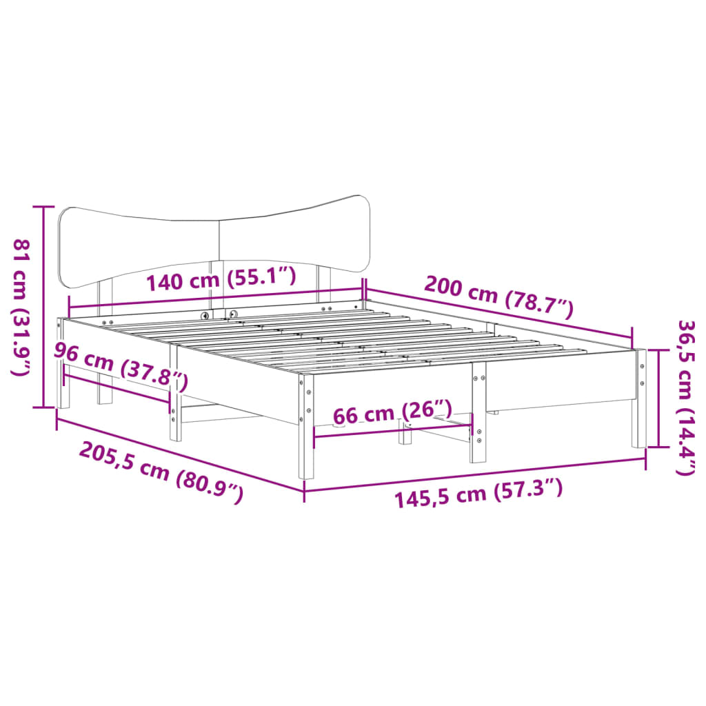 Cadre de lit sans matelas cire marron 140x200cm bois pin massif - XIOS