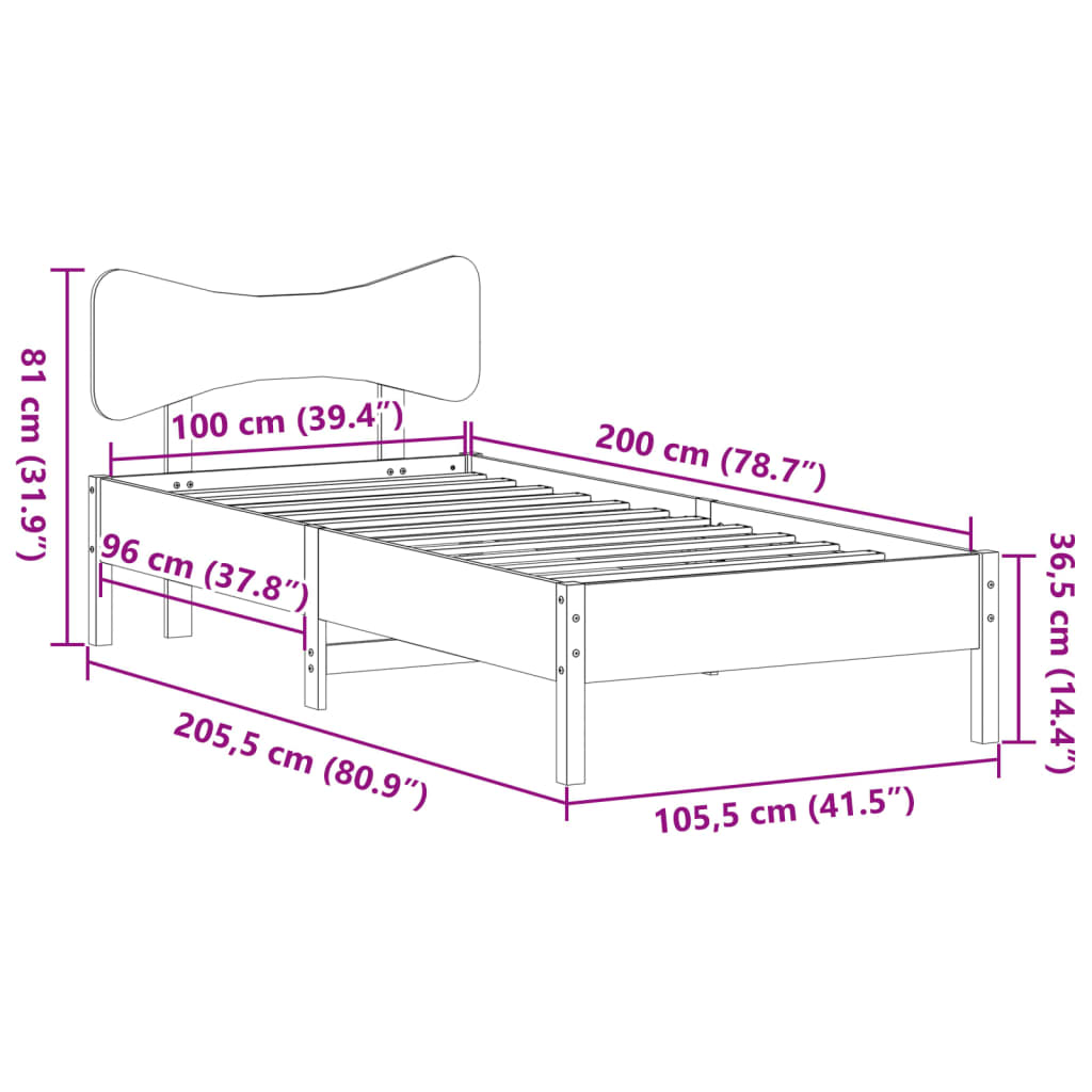 Cadre de lit sans matelas cire marron 100x200cm bois pin massif - XIOS
