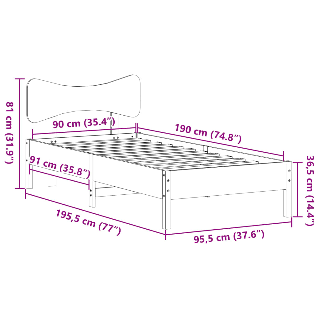 Cadre de lit sans matelas cire marron 90x190 cm bois pin massif - XIOS