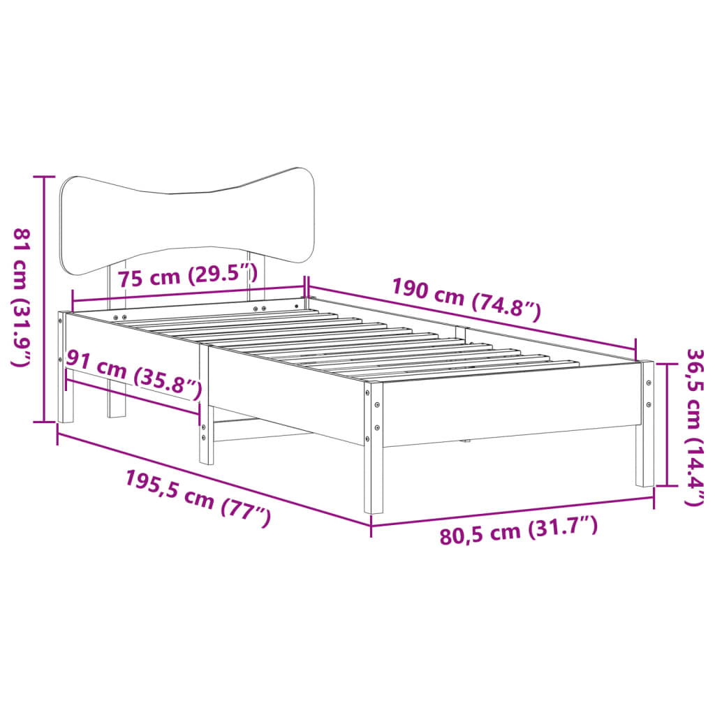 Cadre de lit sans matelas cire marron 75x190 cm bois pin massif - XIOS