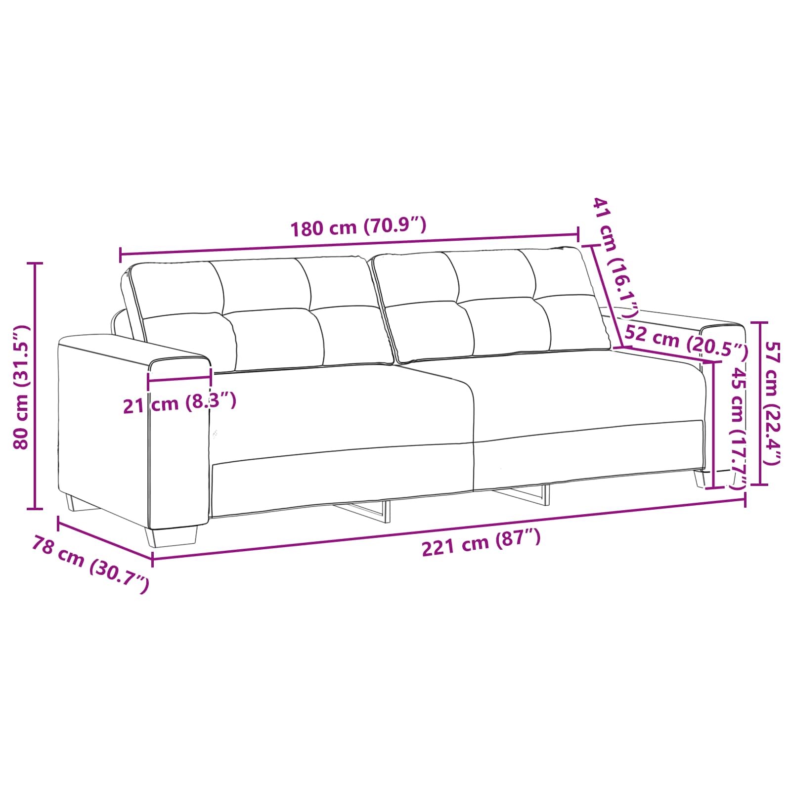 Sofa 3 places Jaune 220 cm Velours