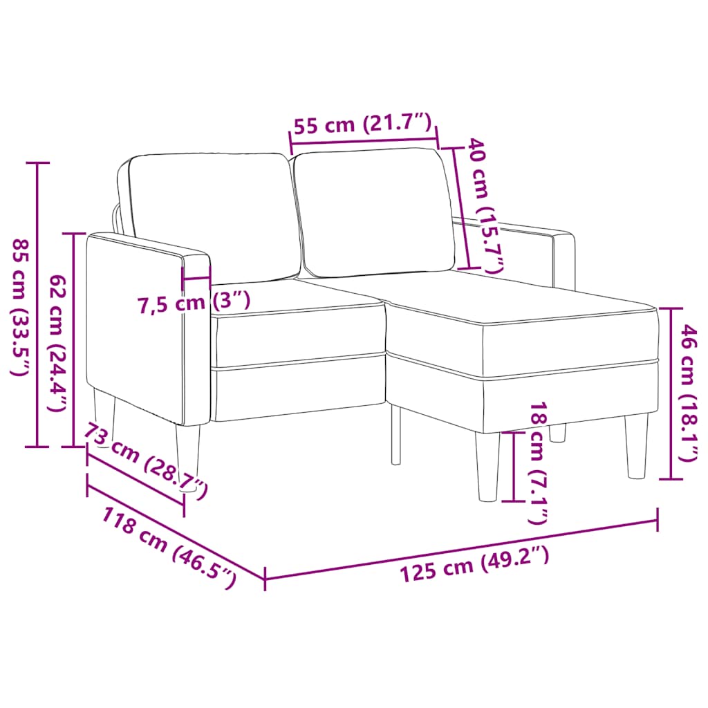 Canapé 2 places avec méridienne en L gris foncé 125 cm tissu - XIOS