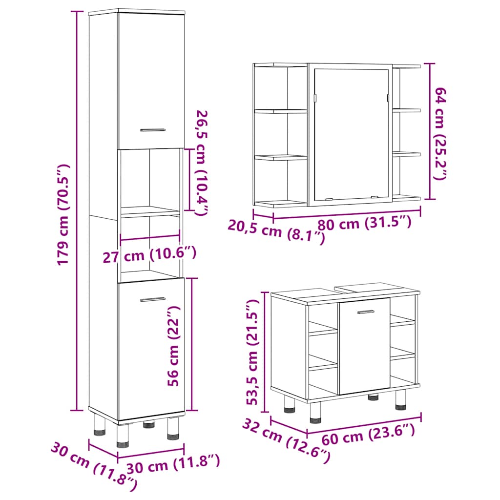Ensemble de meubles salle de bain 3 pcs bois d'ingénierie