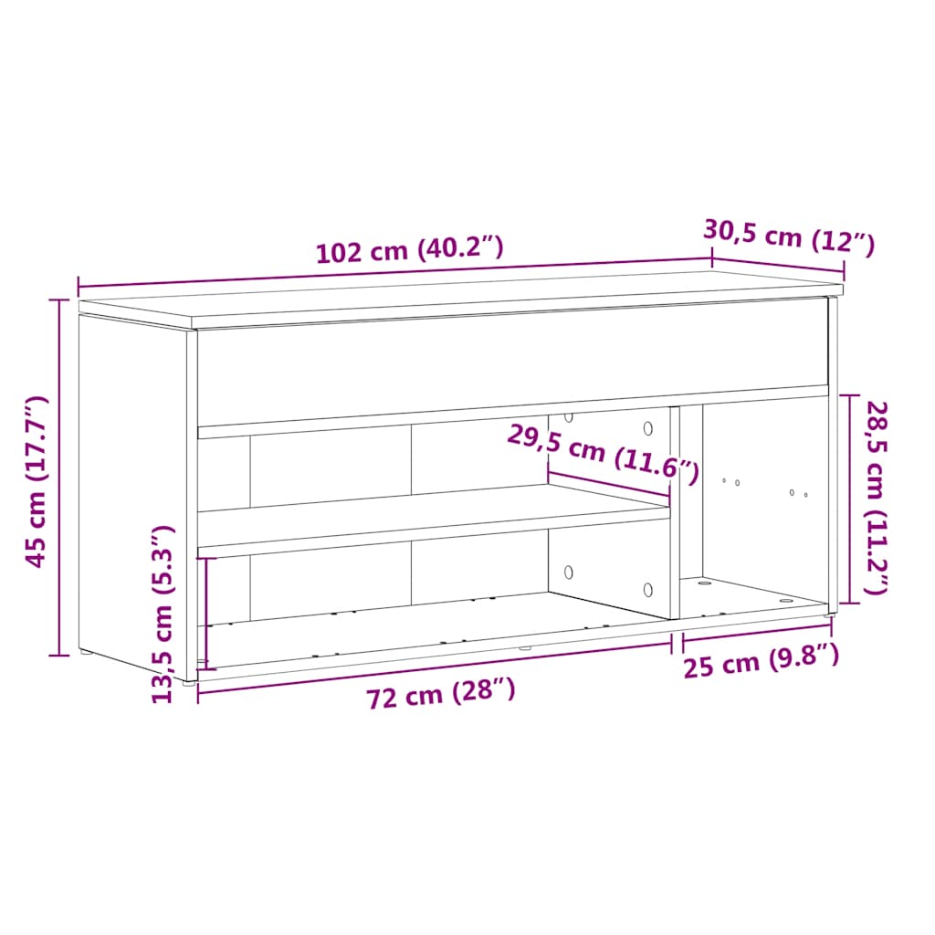 Banc à chaussures chêne sonoma 102x30,5x45 cm bois d'ingénierie - XIOS