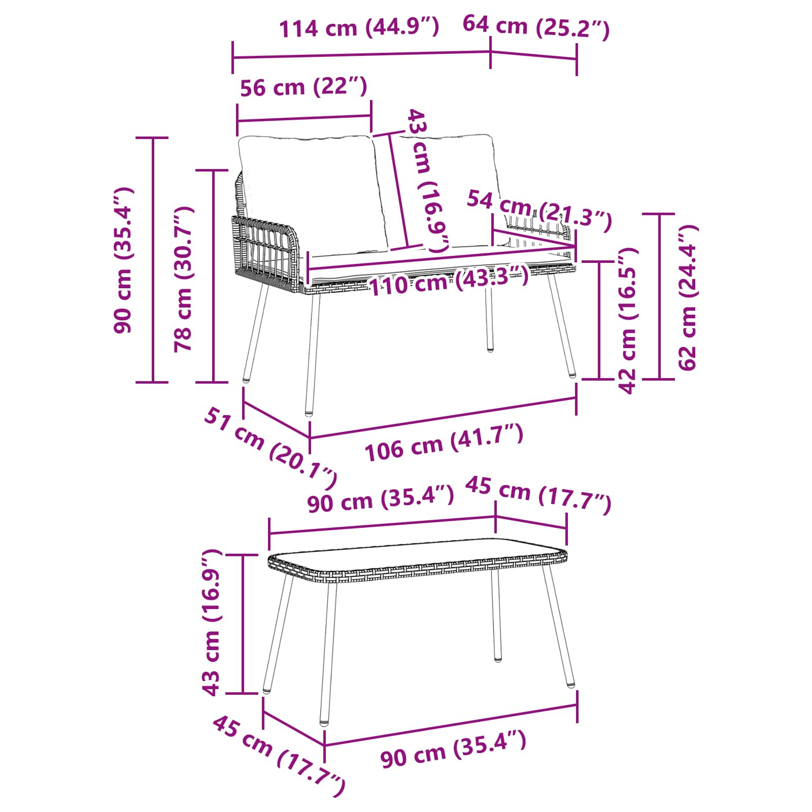 Ensemble de salle à manger pour jardin 2 pcs Naturel polyrotin