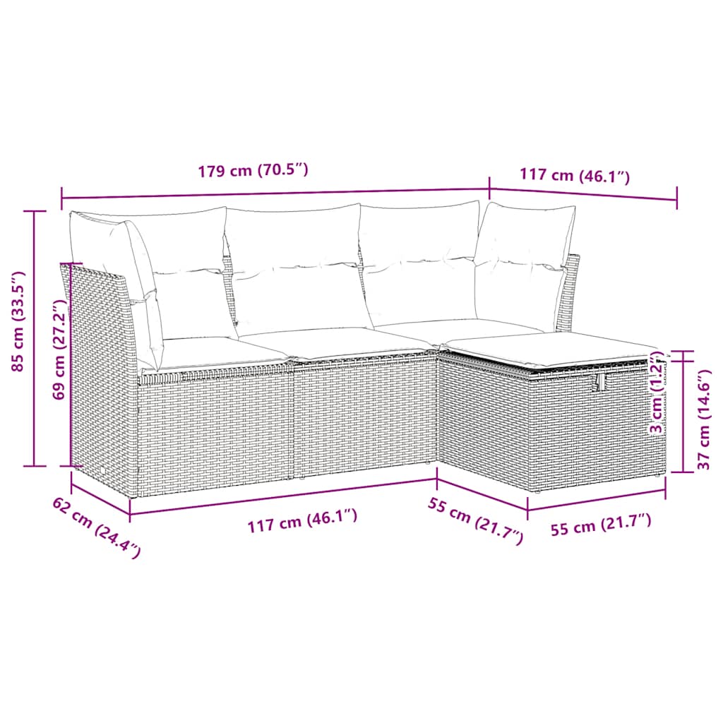 Salon de jardin 4 pcs avec coussins gris résine tressée