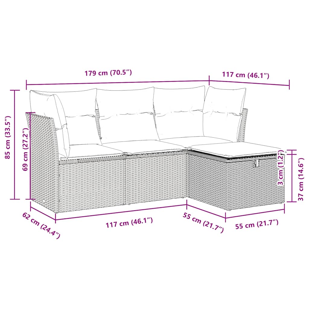 Salon de jardin 4 pcs avec coussins marron résine tressée