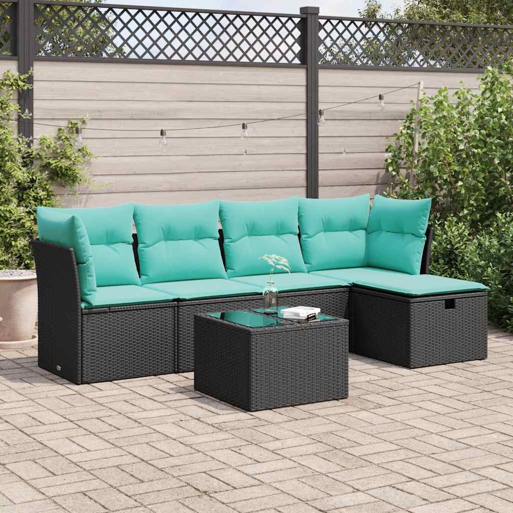 Salon de jardin 6 pcs avec coussins noir résine tressée