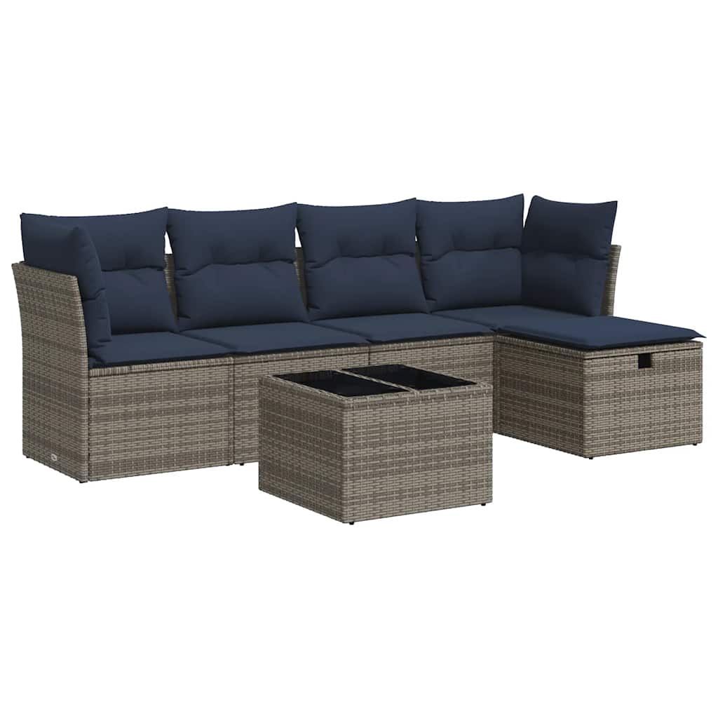 Salon de jardin 6 pcs avec coussins gris résine tressée