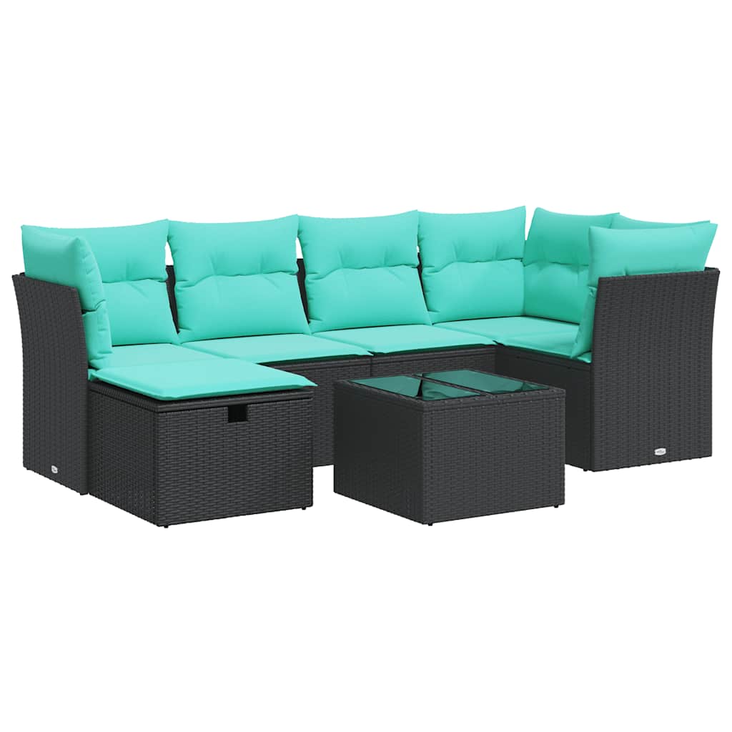 Salon de jardin 7 pcs avec coussins noir résine tressée