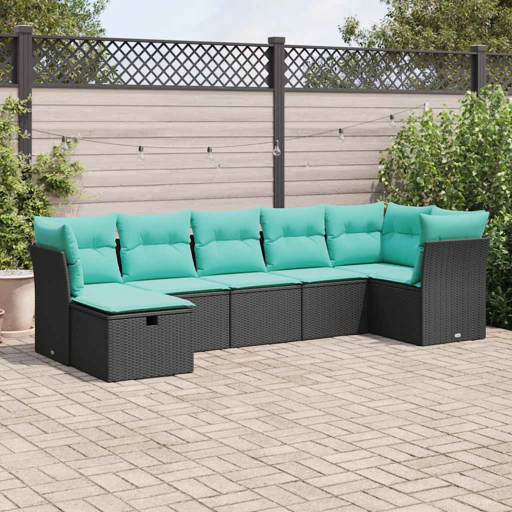 Salon de jardin 7 pcs avec coussins noir résine tressée