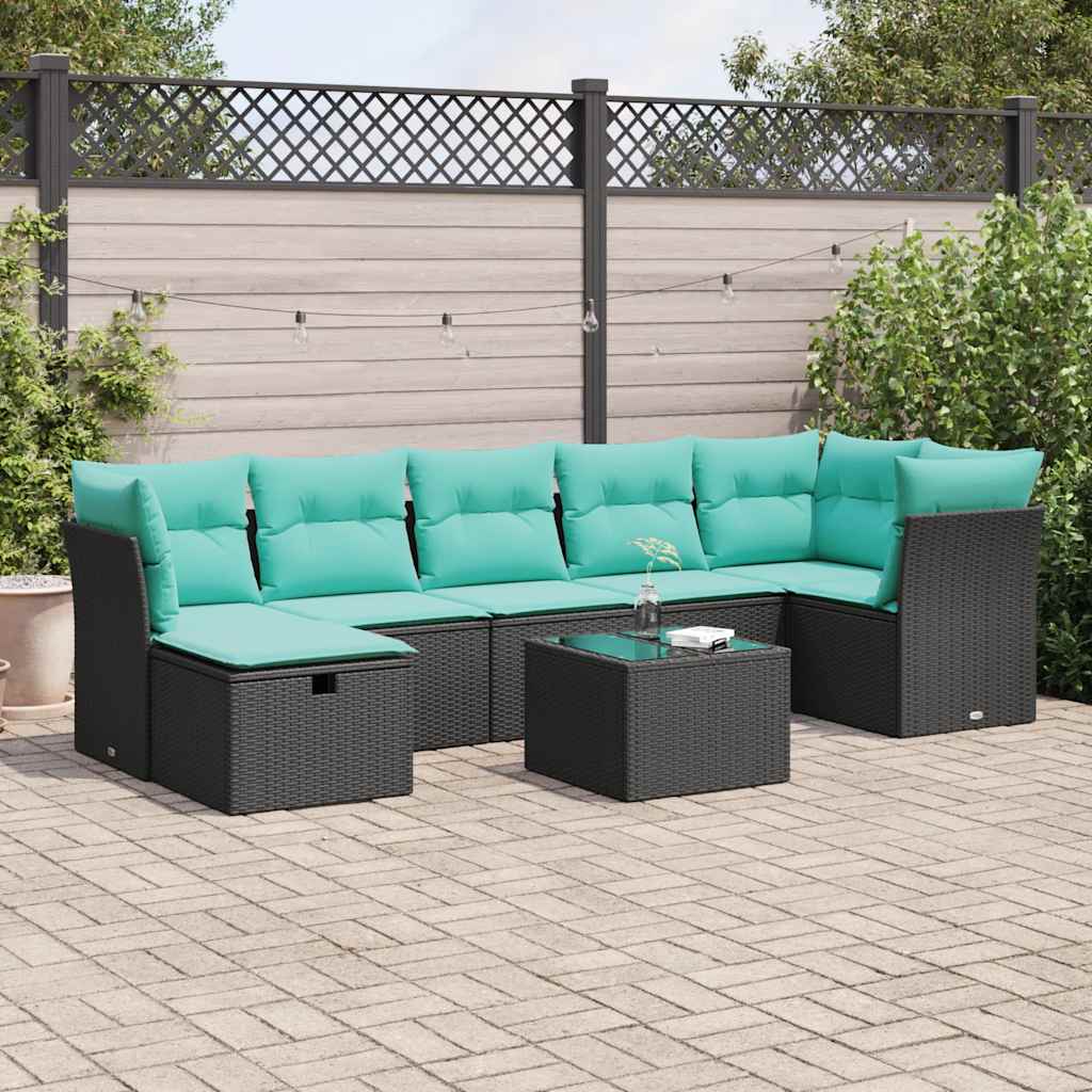 Salon de jardin 8 pcs avec coussins noir résine tressée