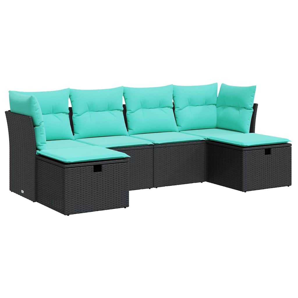 Salon de jardin 6 pcs avec coussins noir résine tressée