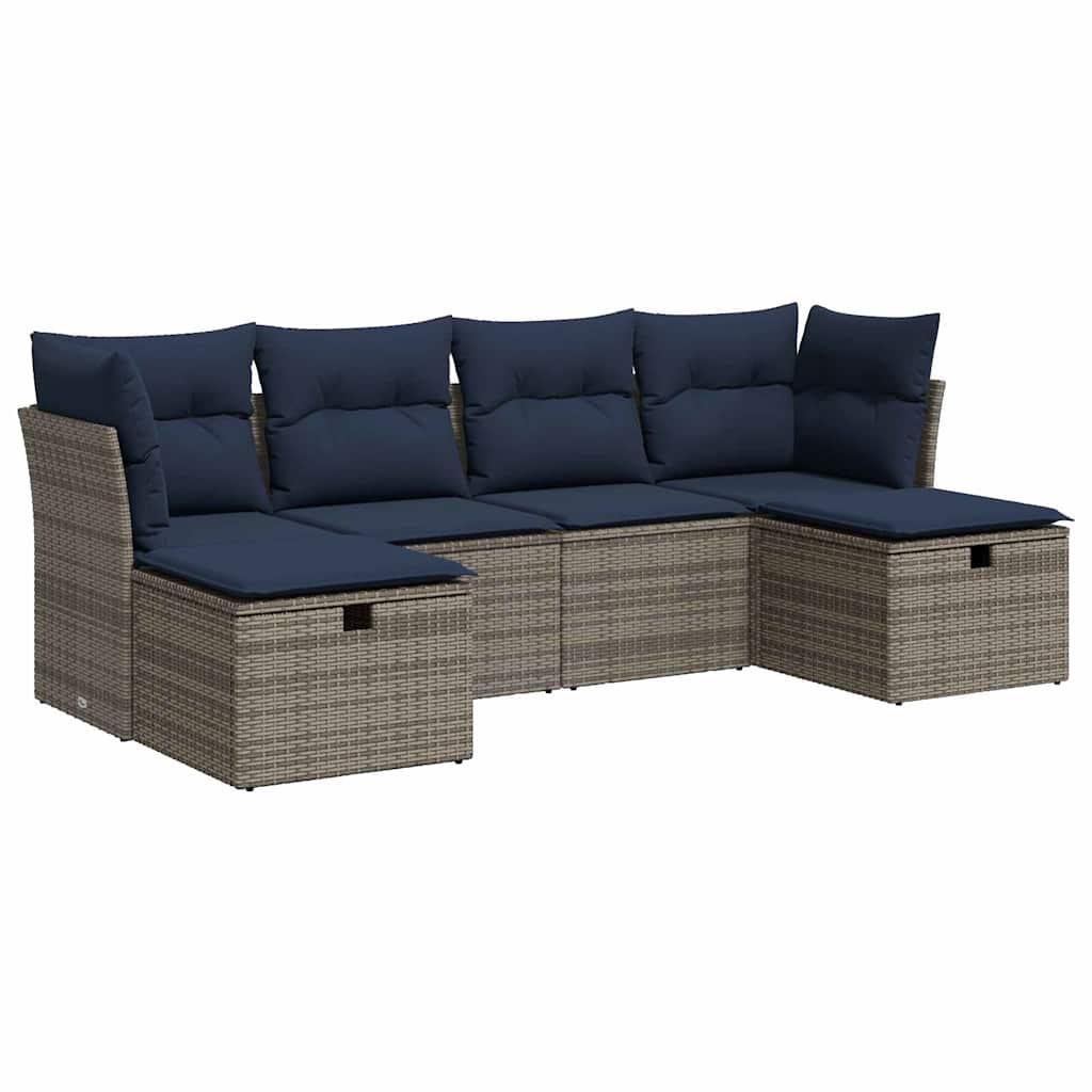 Salon de jardin 6 pcs avec coussins gris résine tressée