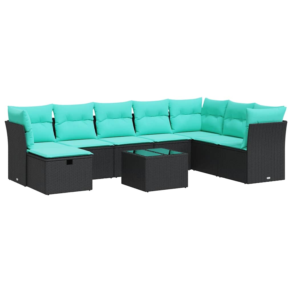 Salon de jardin 9 pcs avec coussins noir résine tressée