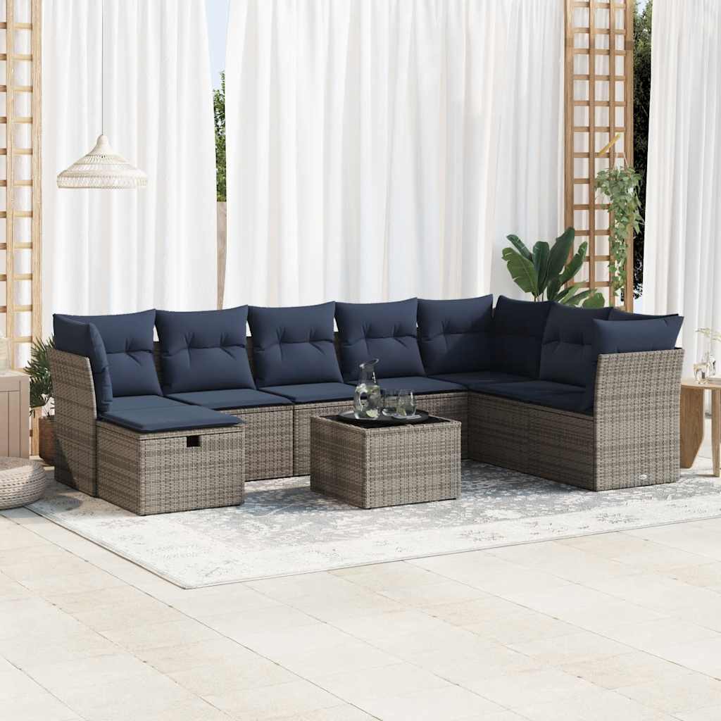 Salon de jardin 9 pcs avec coussins gris résine tressée