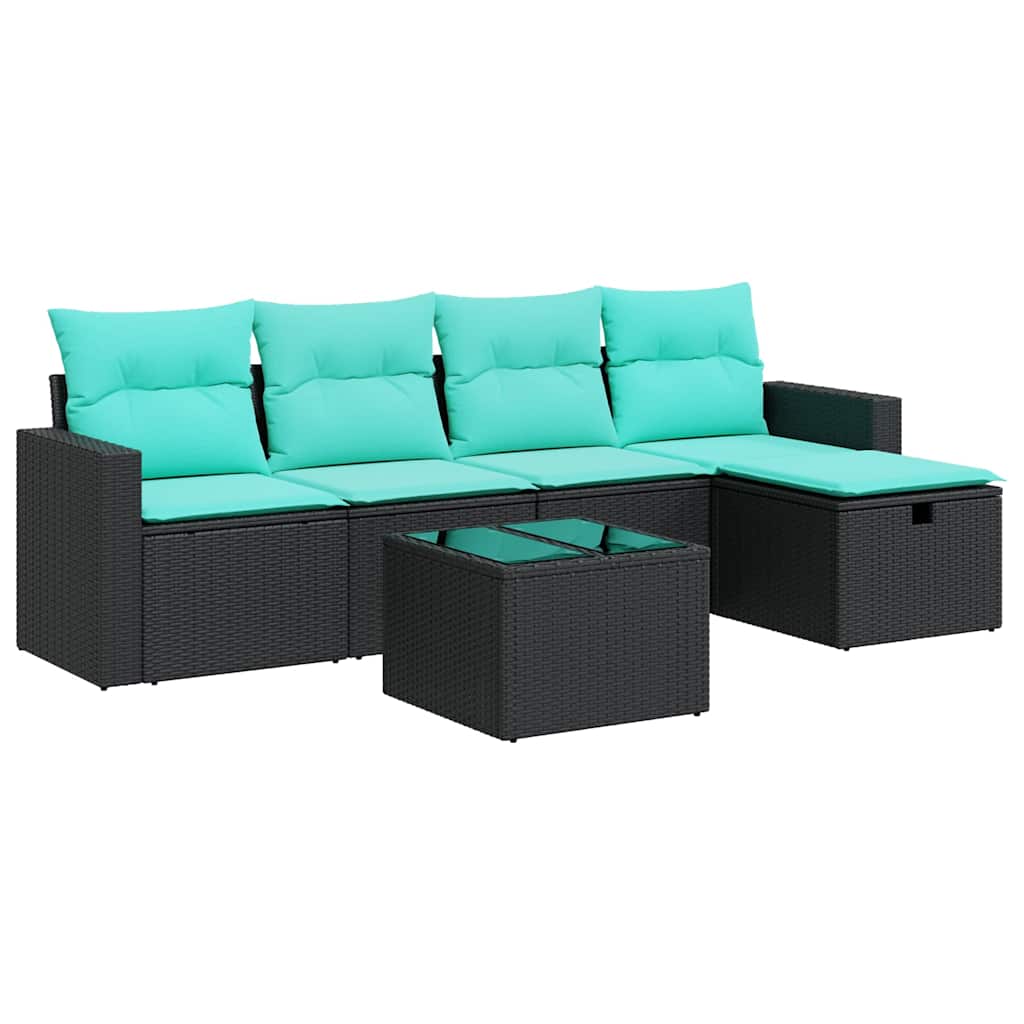 Salon de jardin 6 pcs avec coussins noir résine tressée