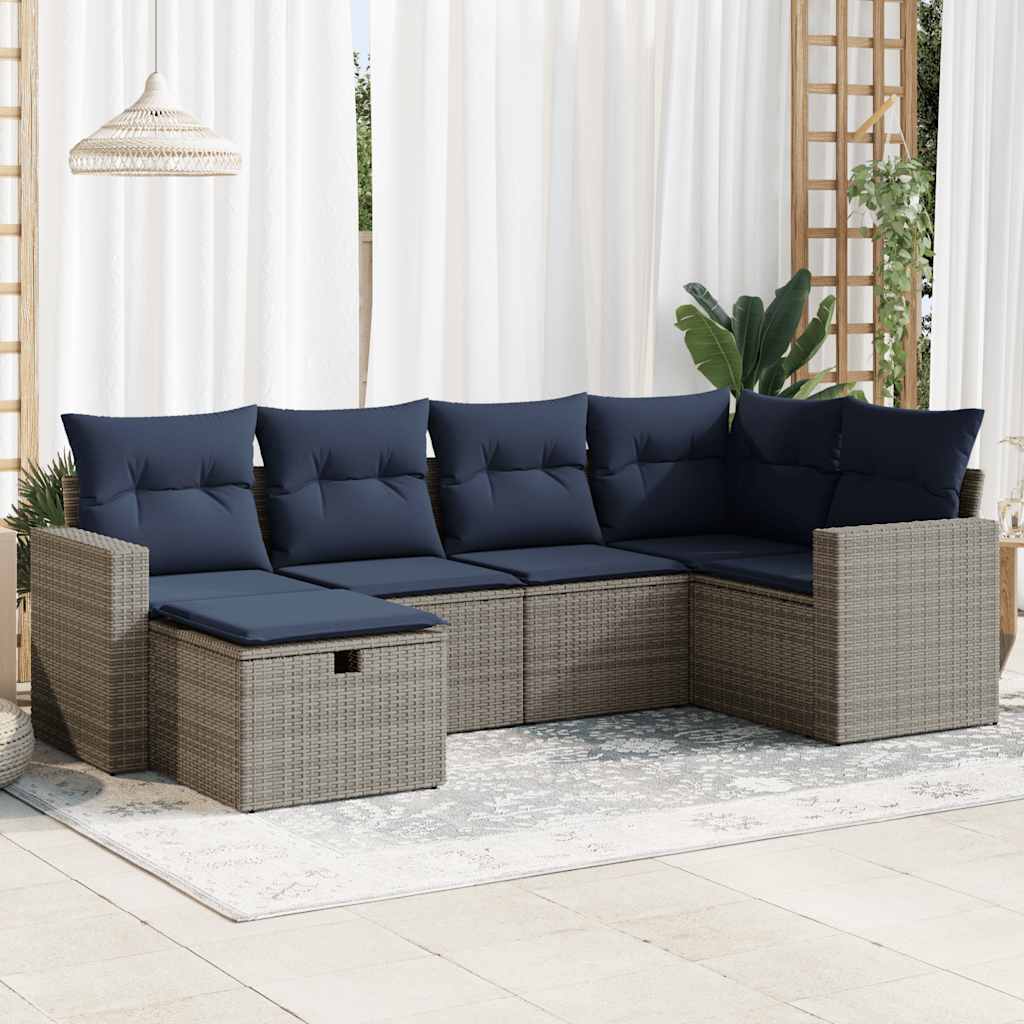 Salon de jardin 6 pcs avec coussins gris résine tressée