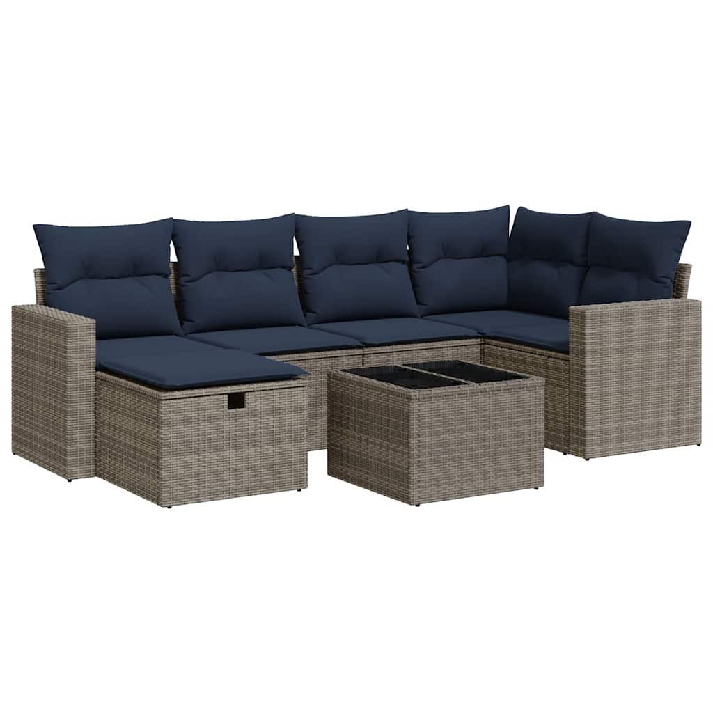 Salon de jardin avec coussins 7 pcs gris résine tressée