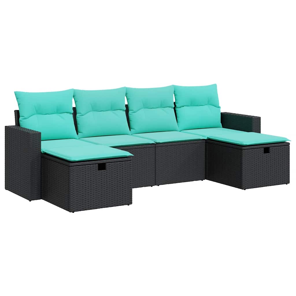 Salon de jardin 6 pcs avec coussins noir résine tressée