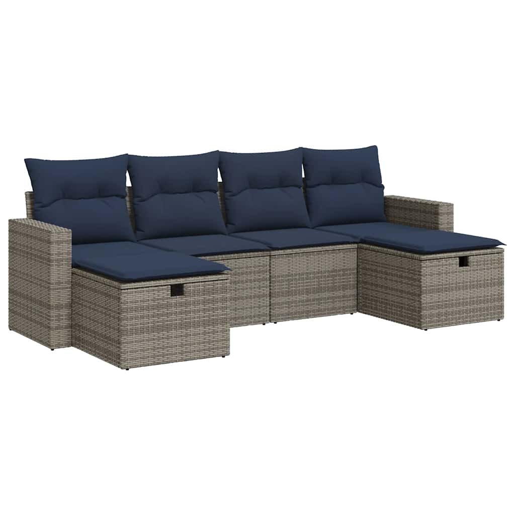 Salon de jardin 6 pcs avec coussins gris résine tressée