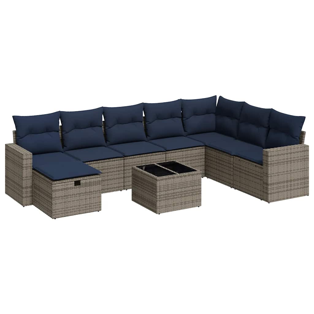 Salon de jardin 9 pcs avec coussins gris résine tressée