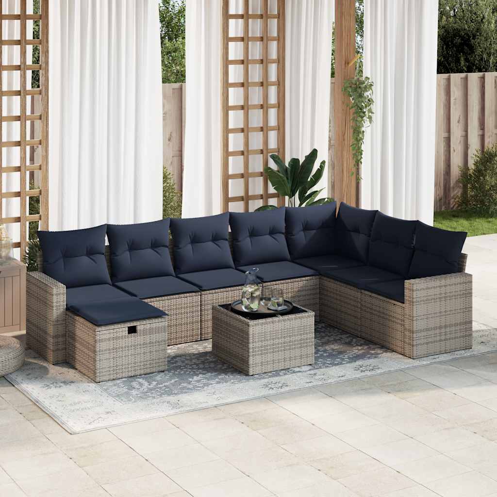 Salon de jardin 9 pcs avec coussins gris résine tressée