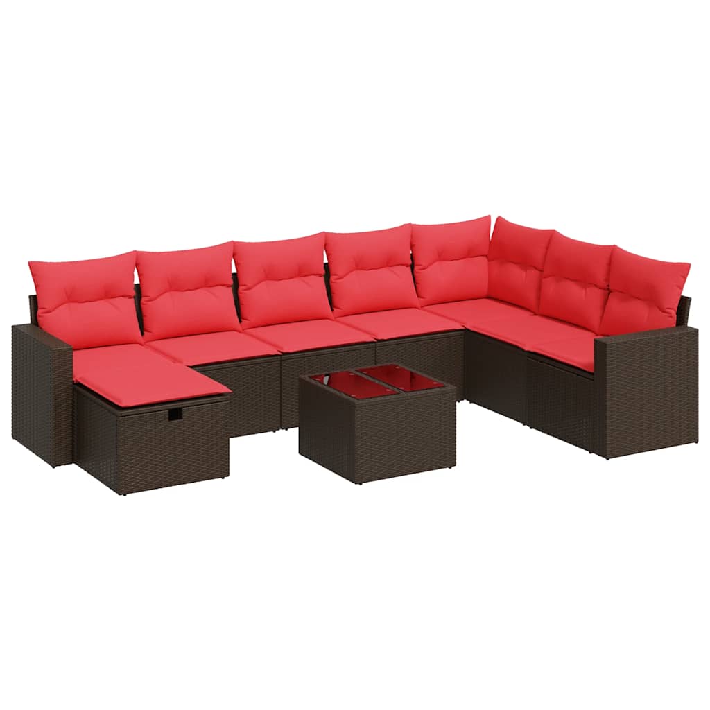 Salon de jardin avec coussins 9 pcs marron résine tressée