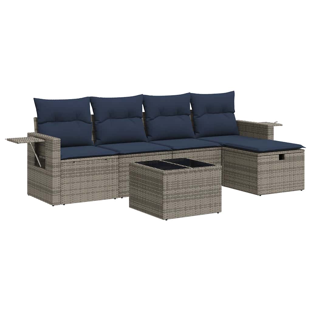 Salon de jardin 6 pcs avec coussins gris résine tressée