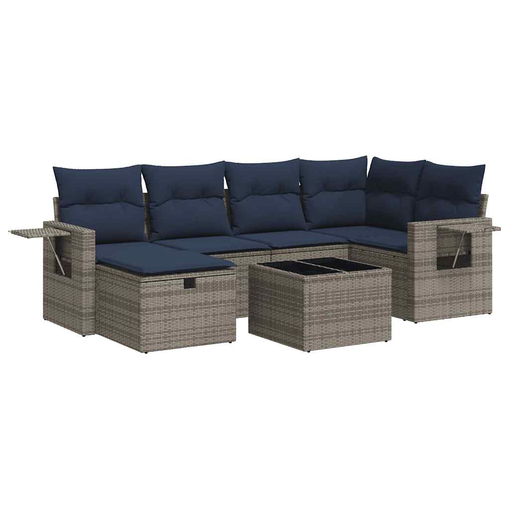 Salon de jardin avec coussins 7 pcs gris résine tressée