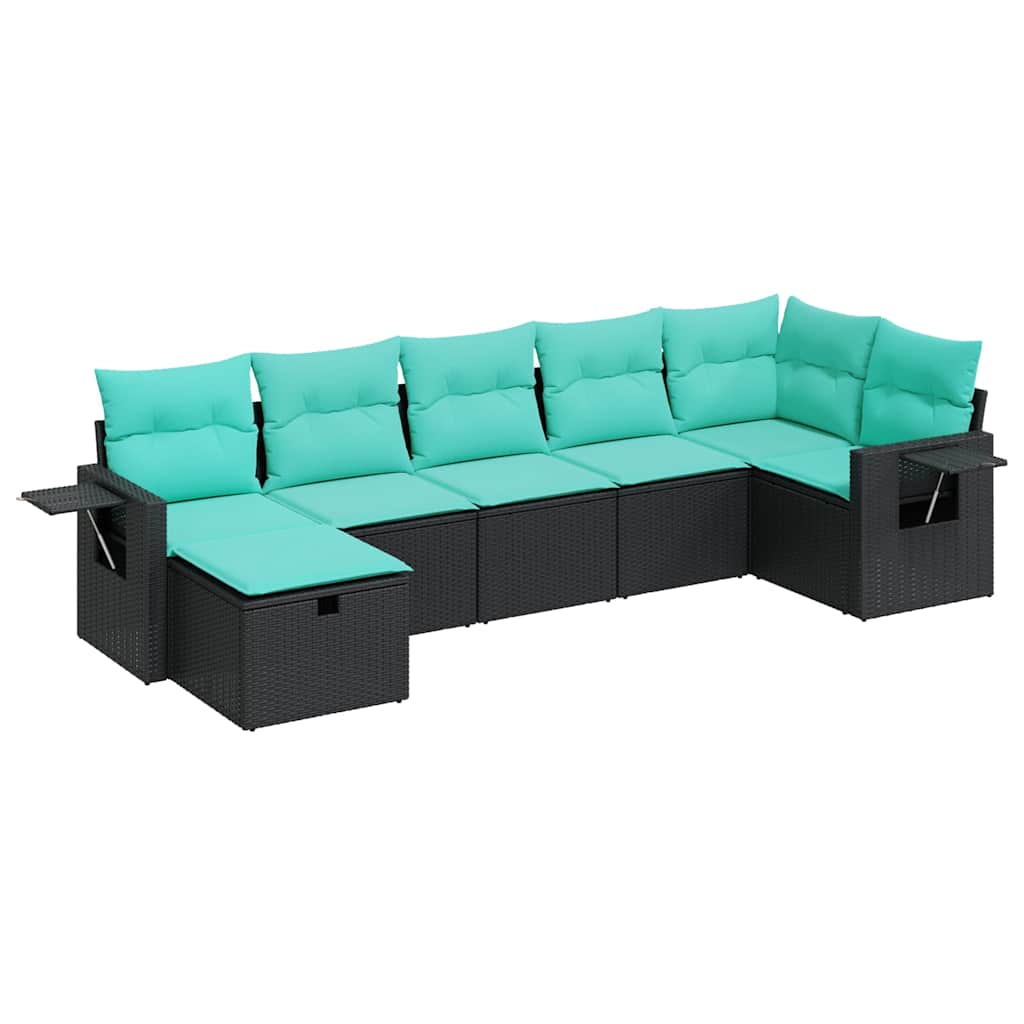 Salon de jardin 7 pcs avec coussins noir résine tressée