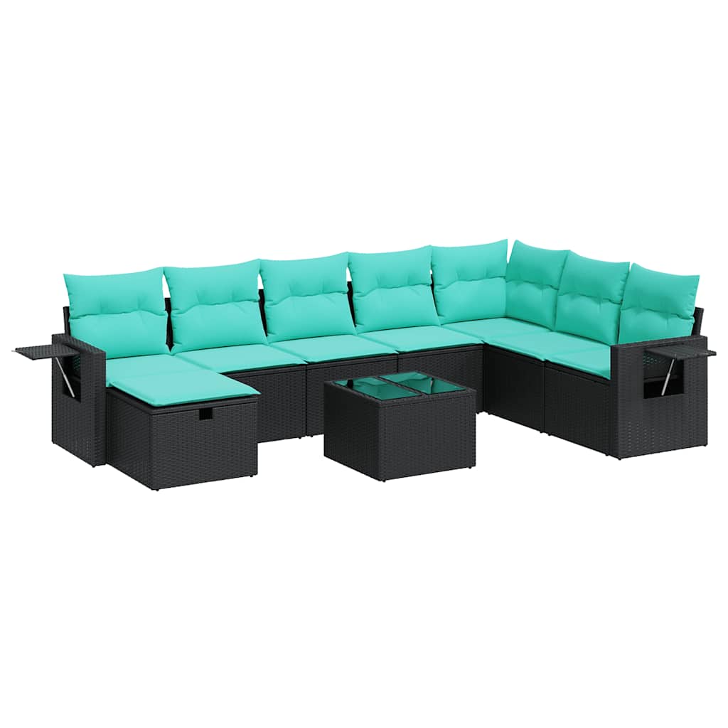 Salon de jardin 9 pcs avec coussins noir résine tressée