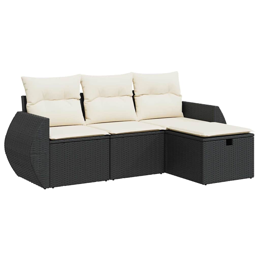 Salon de jardin 4 pcs avec coussins noir résine tressée
