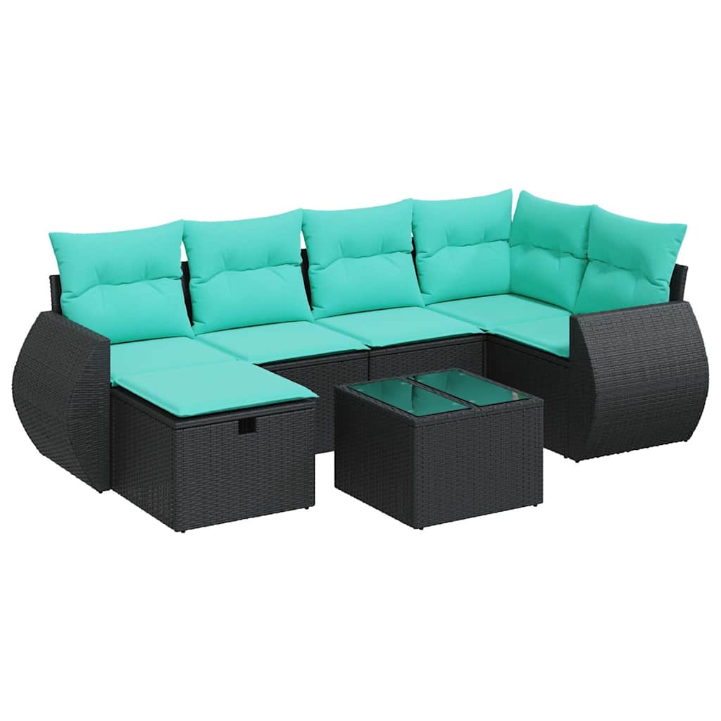 Salon de jardin 7 pcs avec coussins noir résine tressée
