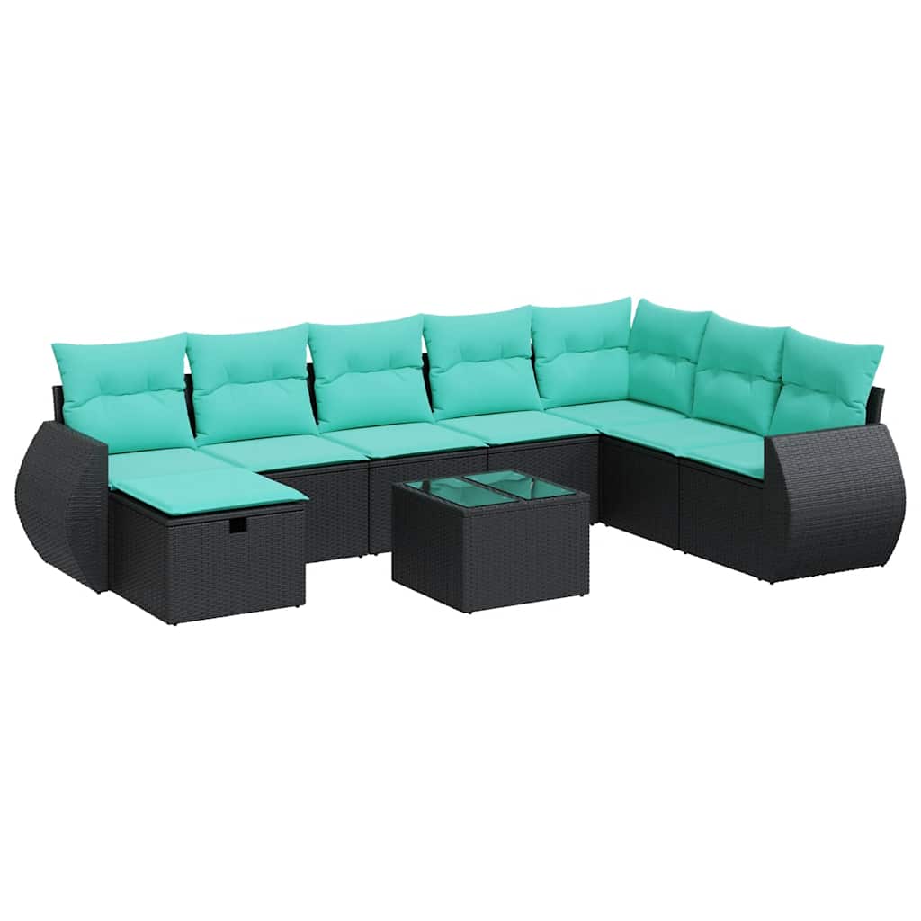Salon de jardin 9 pcs avec coussins noir résine tressée