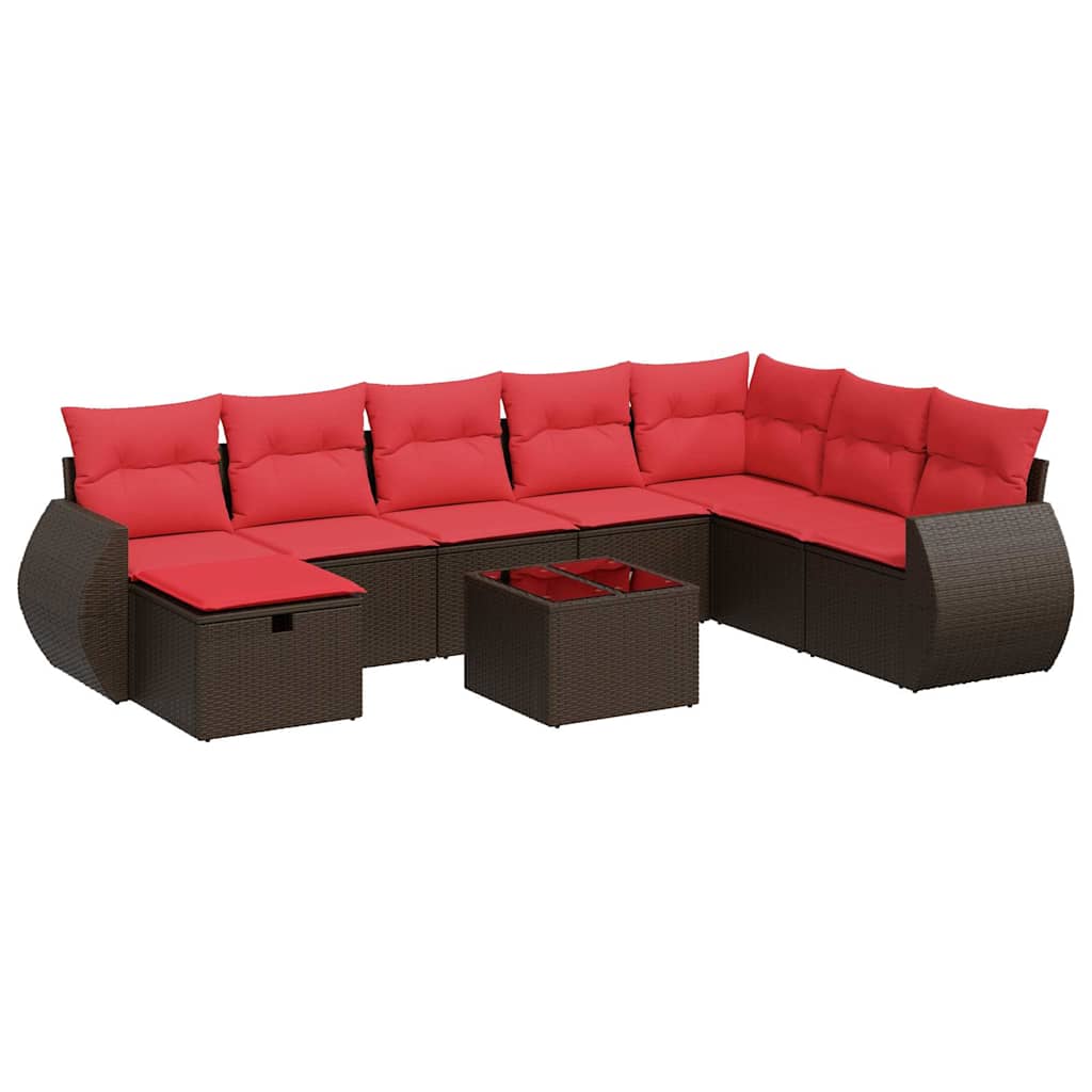 Salon de jardin avec coussins 9 pcs marron résine tressée