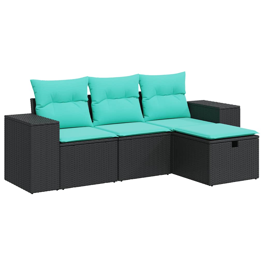 Salon de jardin 4 pcs avec coussins noir résine tressée